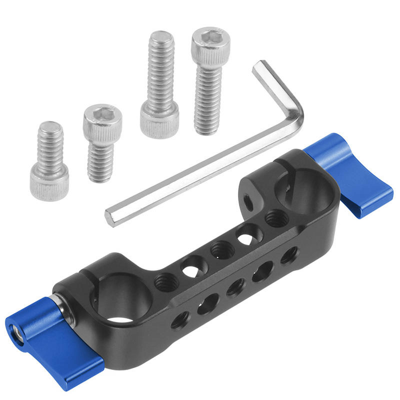 15mm Rail Dual Rod Clamp Mount 1/4 "-20 Draad Knop Schroef voor DSLR Camera Rig Kooi Grondplaat Lens Ondersteuning Fotografie Systeem Kit: Blauw