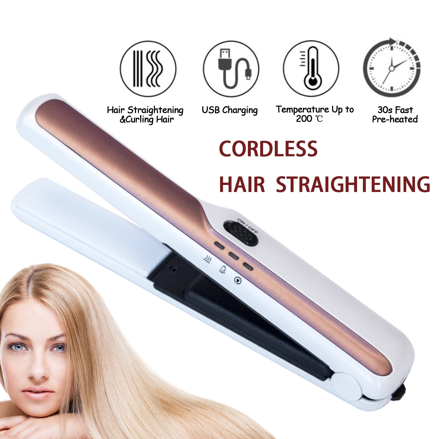 UKLISS Portable USB Hair Straightener Cordless Mini Flat Iron Hairs Straightening Recharging Hairs Tools Portable Hair Styling