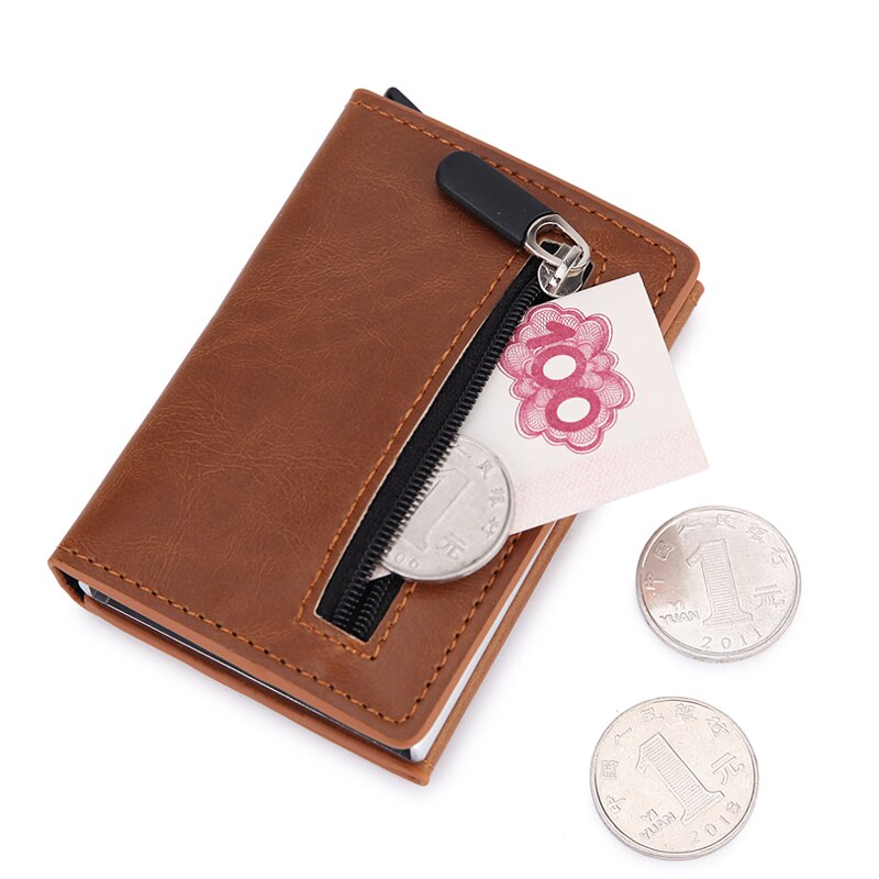 DIENQI Anti Rfid id Card Holder Case Men Leather Metal Wallet Male Coin Purse Women Mini Carbon Credit Card Holder With Zipper: brown