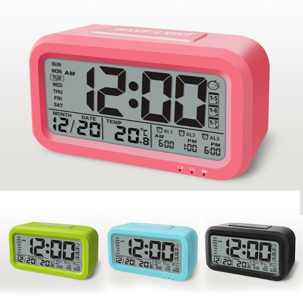Reloj despertador Digital recargable por USB, reloj para estudiante con pantalla LCD grande para mesita de noche, reloj con Sensor de luz y retroiluminación