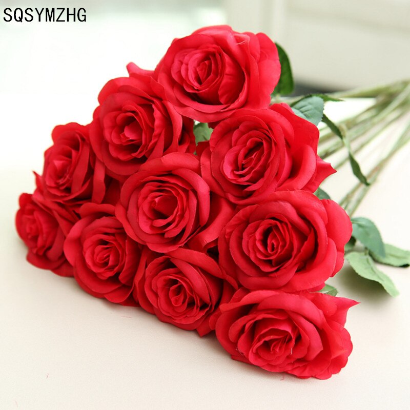 9 stk. grenstamme latex rose hånd føler filt simulation dekorativ kunstig silikone rose blomster hjem bryllup