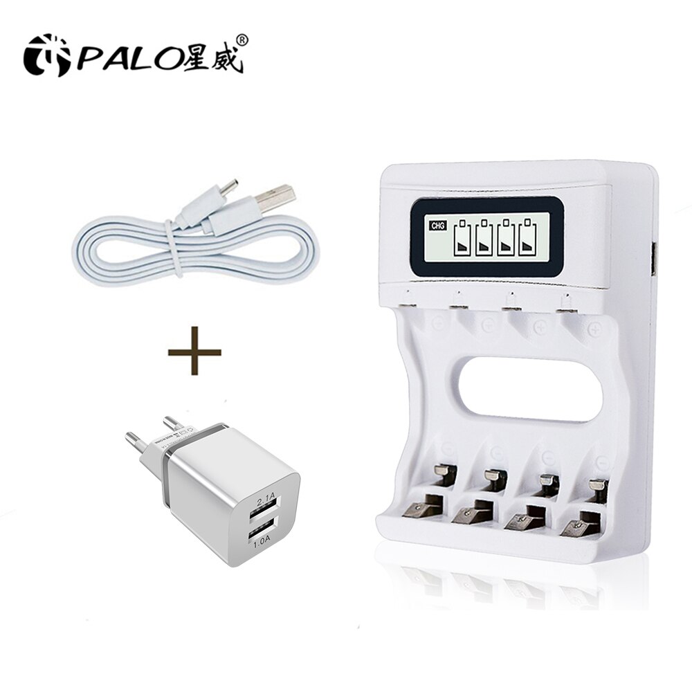 PALO AA AAA rechargeable battery charger 4 slot LCD smart usb charger for 1.2V AA AAA nimh nicd pre-charge batteria: charger and EU plug