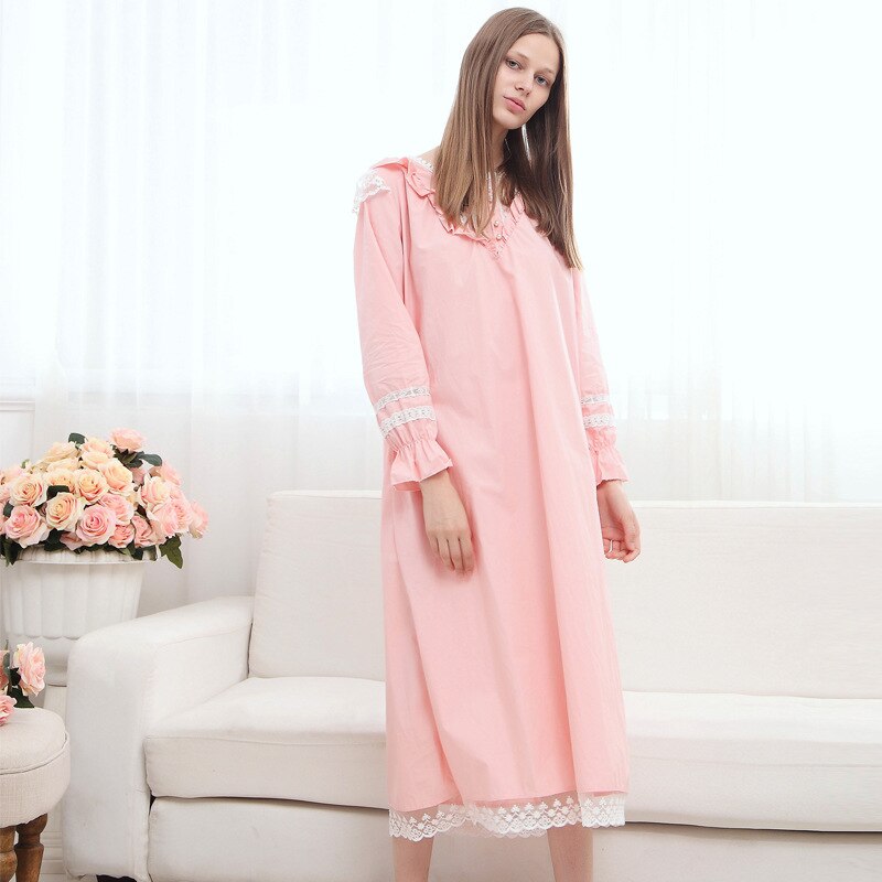 Dames roze vintage nachthemd met lange mouwen, nachtkleding voor dames, prinsessenhuis, katoenen nachthemden voor dames, lounge