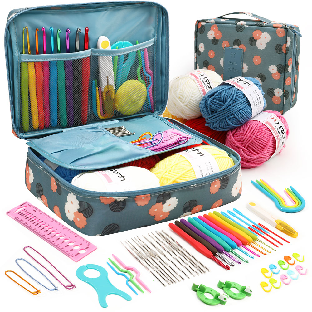 59Pcs/Set Crochet Set DIY Beginner Crochet Hook Kit With Storage Bag Material Pack Portable Sewing Knitting and Storage Tools: Light Grey