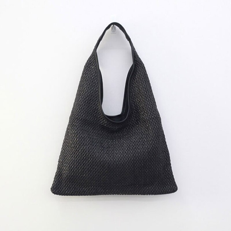 Bolso de hombro de gran capacidad para mujer, bolsa de playa de paja tejida, informal, para compras, de punto: Black Shoulder Bag