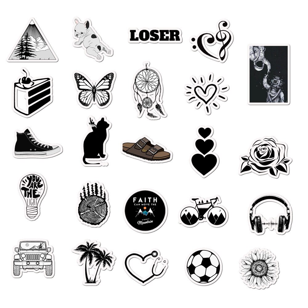 50pcs Black White INS Style Vsco Stickers Waterproof Boy Girl Cool Graffiti Sticker for DIY Car Laptop Guitar Luggage Skateboard