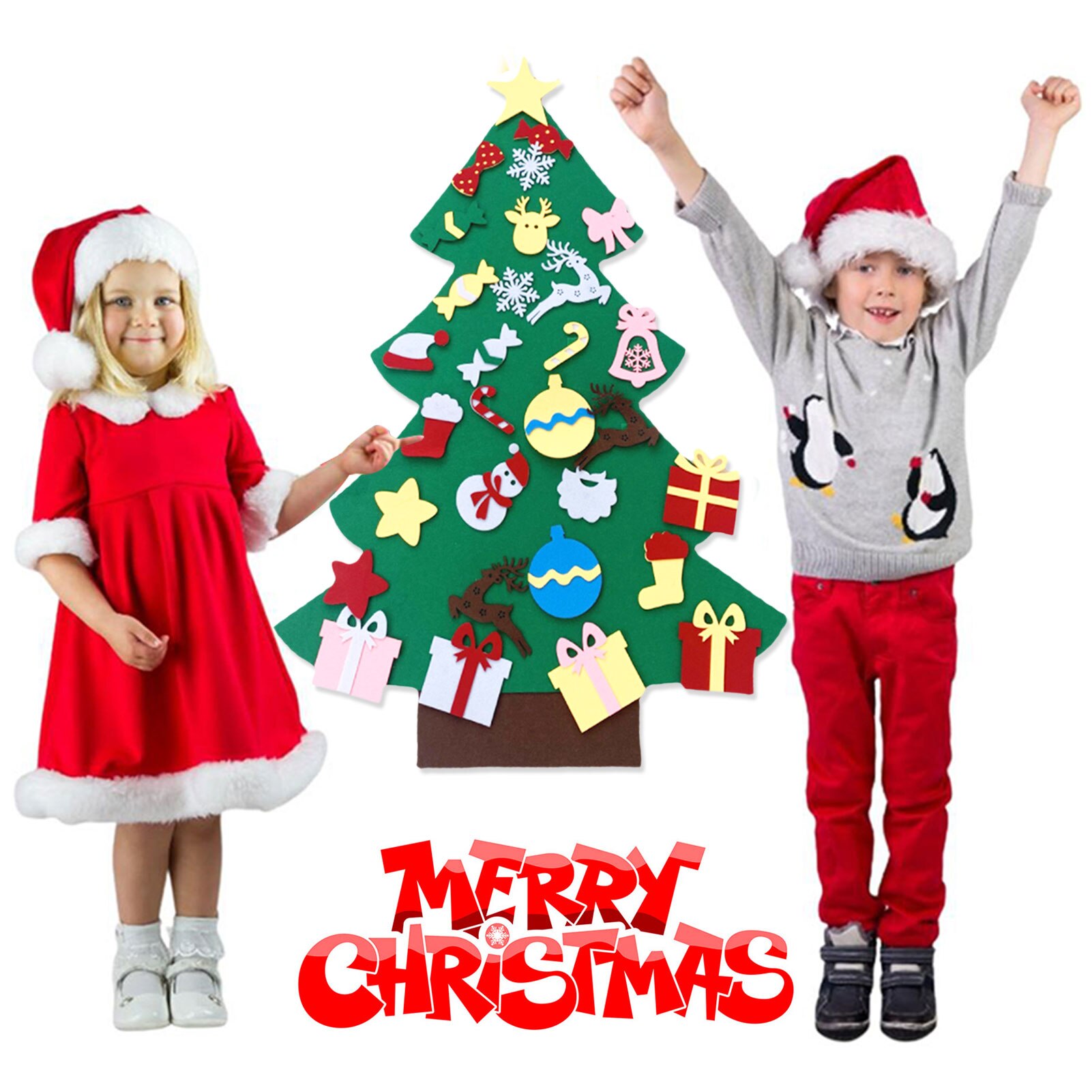 Felt Christmas Tree For Toddlers - 3.3 FT Wall Tree With 32 Ornaments & Snowflake Lights