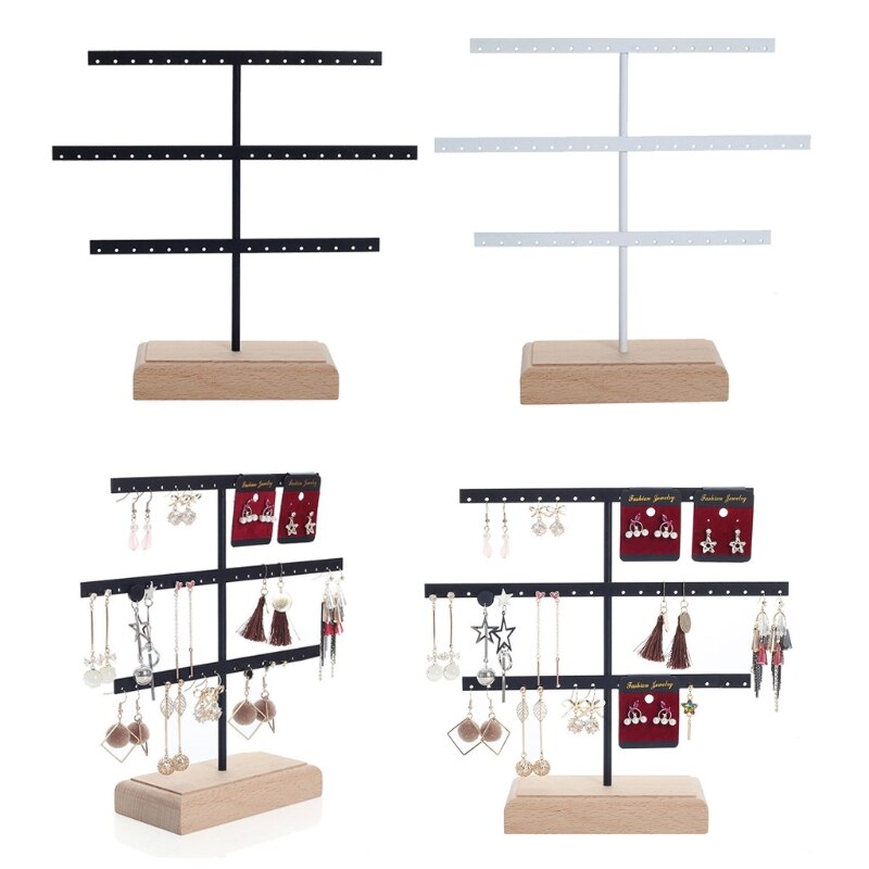 Jewelry Organizer Stand - 3 Tier Earring Holder Rack - Wood Display Tree for Hanging Earrings