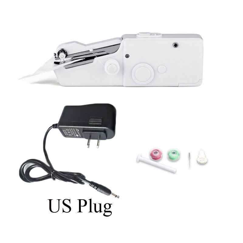 Hand Sewing Machine Kit Portable Handheld Electric Handy Stitch Household Needlework Cordless Small White DIY Cloth Fabric: with US Plug
