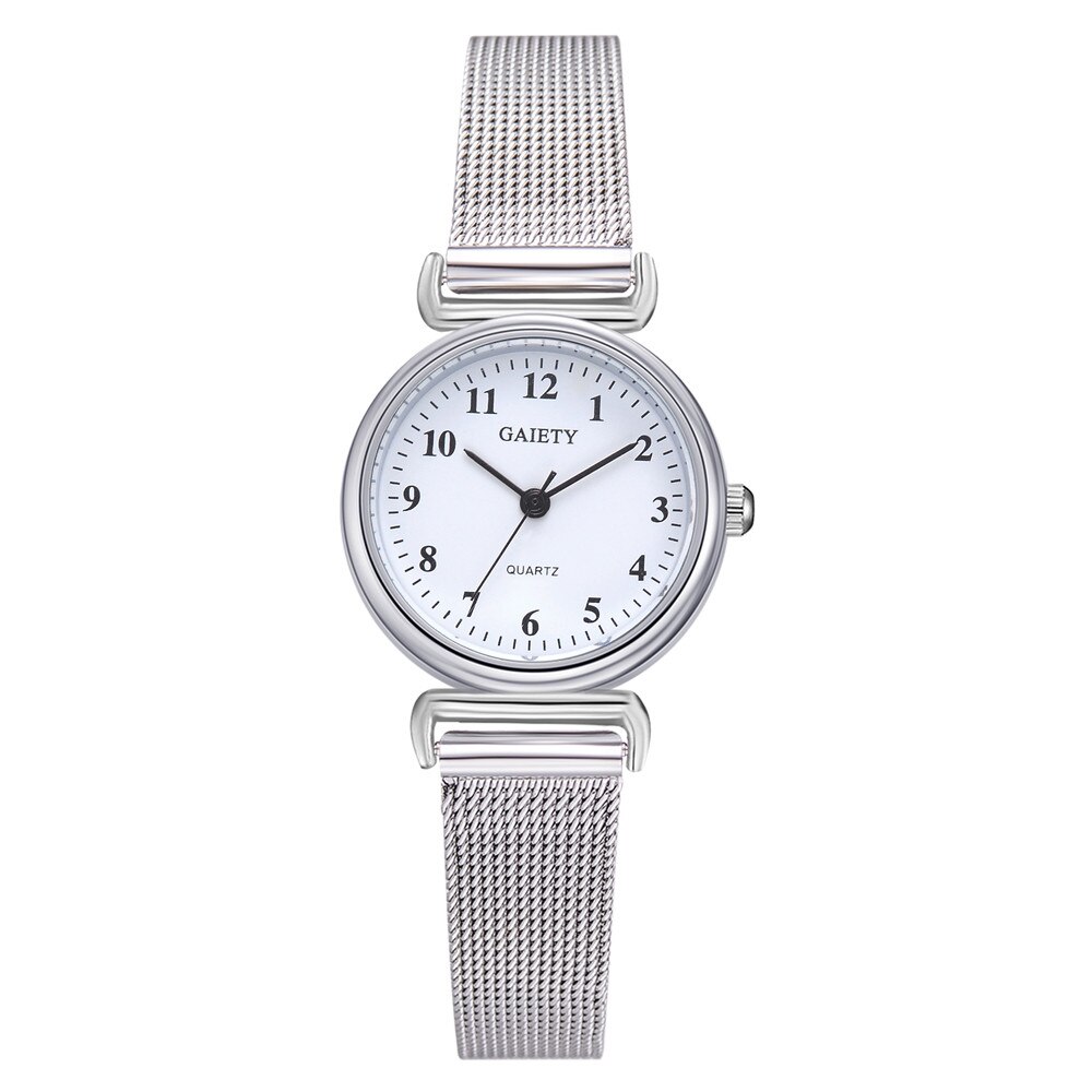 Women sliver small watch steel strap watch: White 