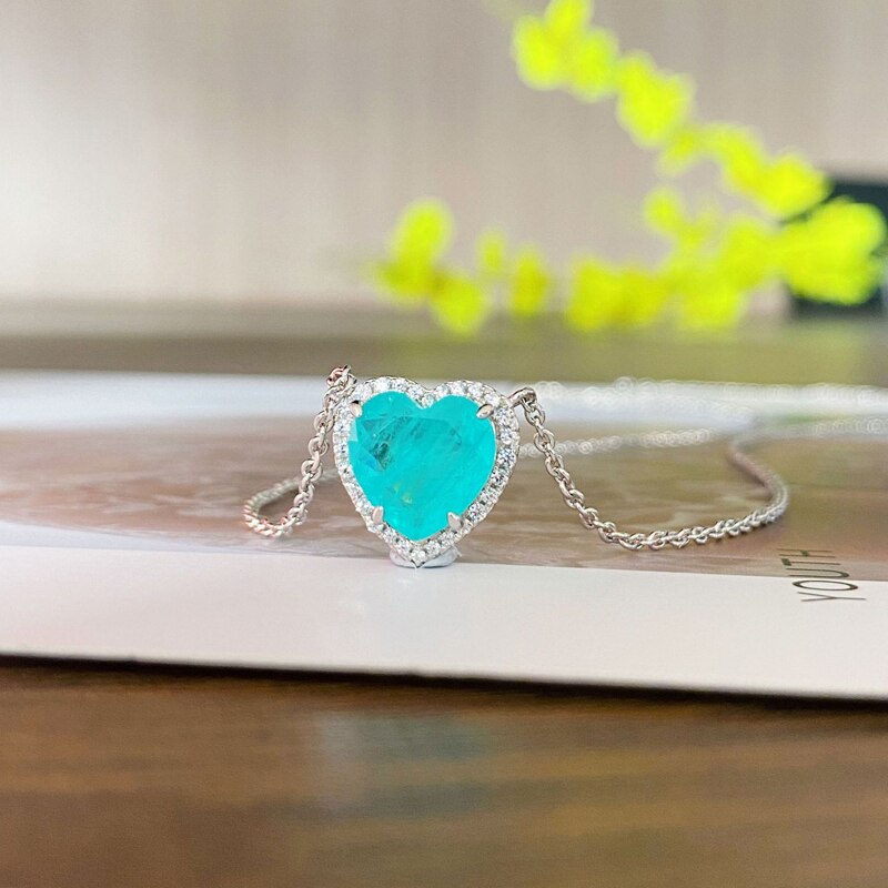 Oevas 100% 925 Sterling Zilver 10*10Mm Hart Synthetische Paraiba Toermalijn Hanger Ketting Voor Vrouwen Partij Fine Jewelry