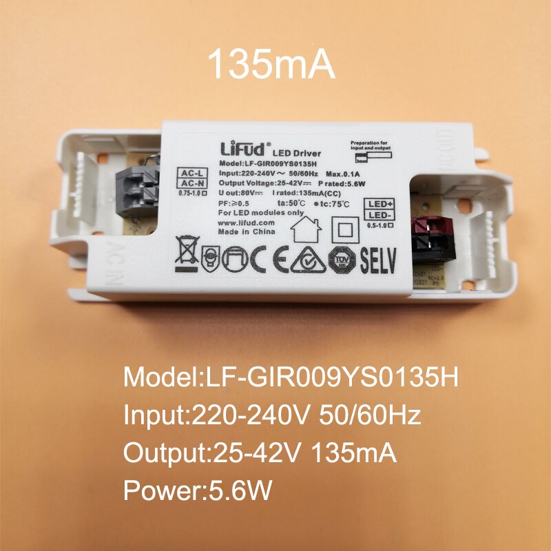 LiFud LED driver LF-GIR009YS LF-GIR013YS series 25-42V 135mA 160mA 180mA 200mA 250mA 300mA 350mA CE CB TUV SAA RCM Certification: LF-GIR009YS0135H