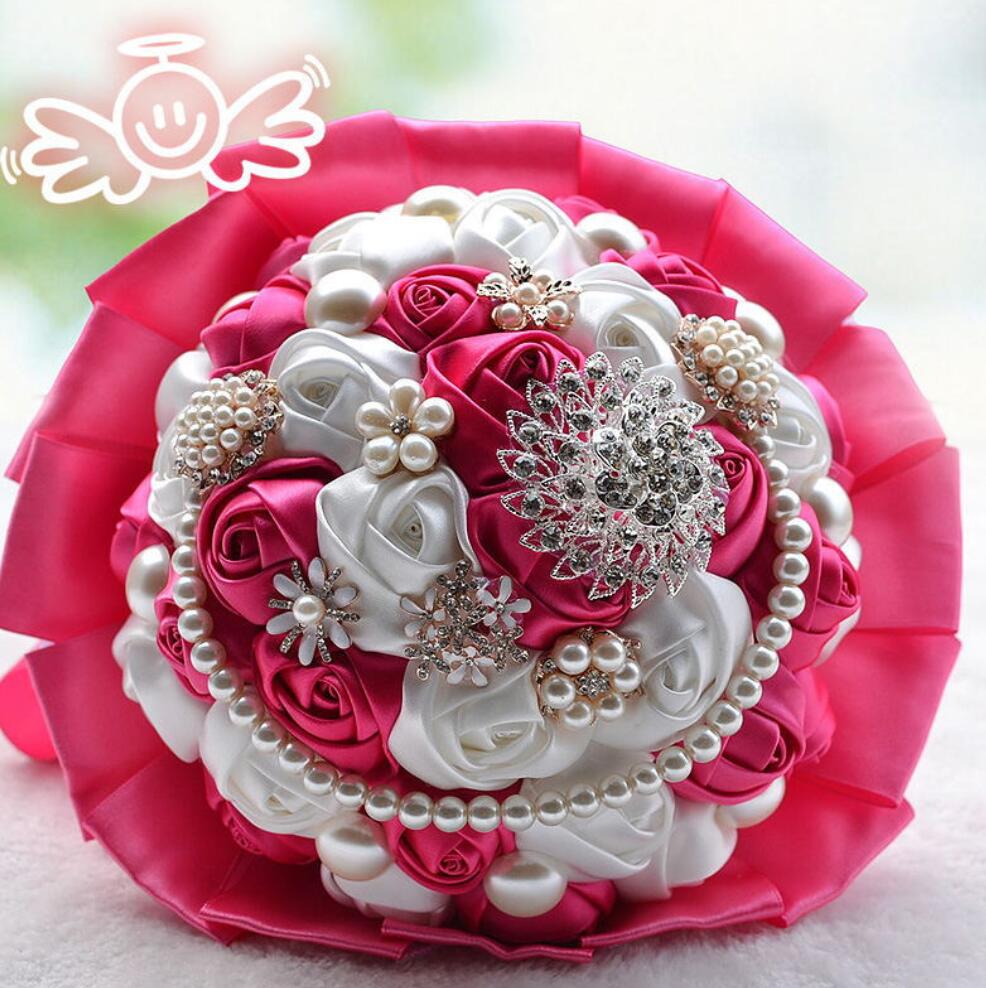 AYiCuthia Stunning Crystal Flower And Pearls Wedding Flowers Pink Bridesmaid Bridal Bouquets Artificial Rose Wedding Bouquet S59