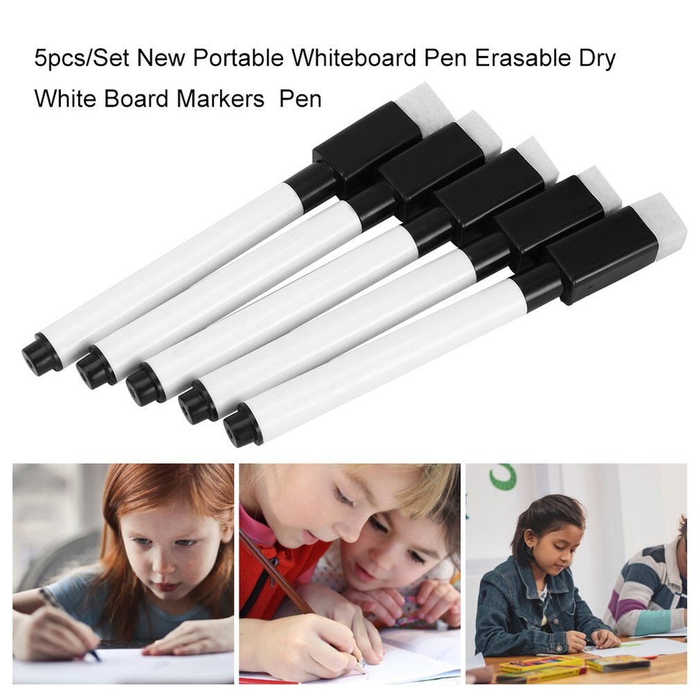 5 Stks/partij Zwarte School Klaslokaal Whiteboard Pen Droog White Board Markers Gebouwd Gum Student Kinderen Tekening Pen Board Markers