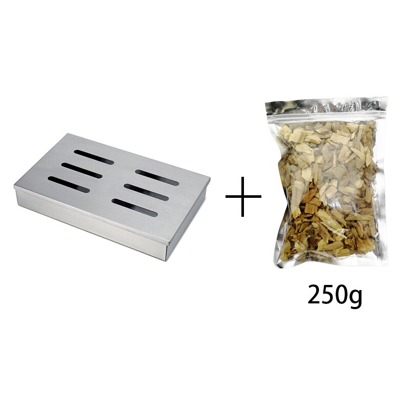 Meat Smokers Box Barbecue Grilling Accessories Stainless Steel Wood Chip Smoker BBQ Flavor on Gas Grill Charcoal Smoking Box: 1pc Smoker 250g Chip