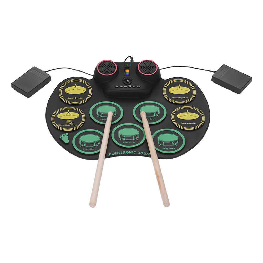 Elektronisk digital usb 9 pads rull opp sett silikon elektrisk trommesett med trommestikker og opprettholde pedal perkusjonsinstrumenter
