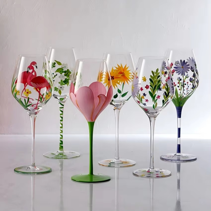 Copas de champán Vintage, copa pintada a mano, girasol, tulipán, flamenco, rosa, patrón, copa de vino tinto, Bar en casa, restaurante, copa de cristal