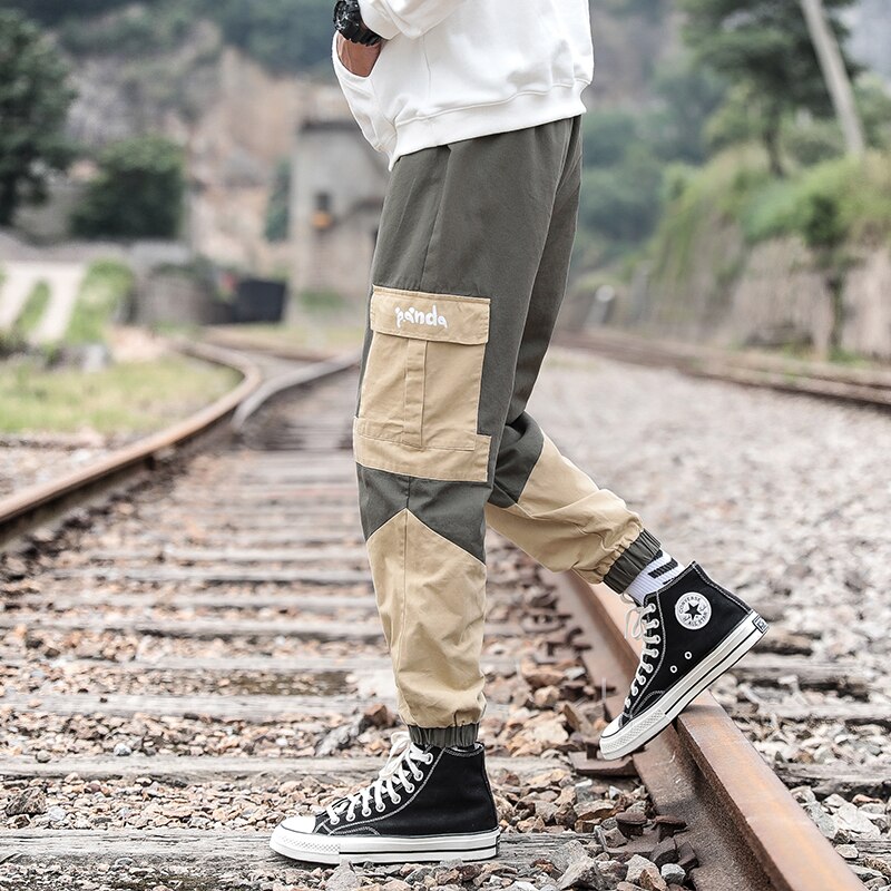 Hiphop Heren cargo broek met veel zakken Patchwork pantalones Zwart legergroen Blauw enkellange Lente Herfst