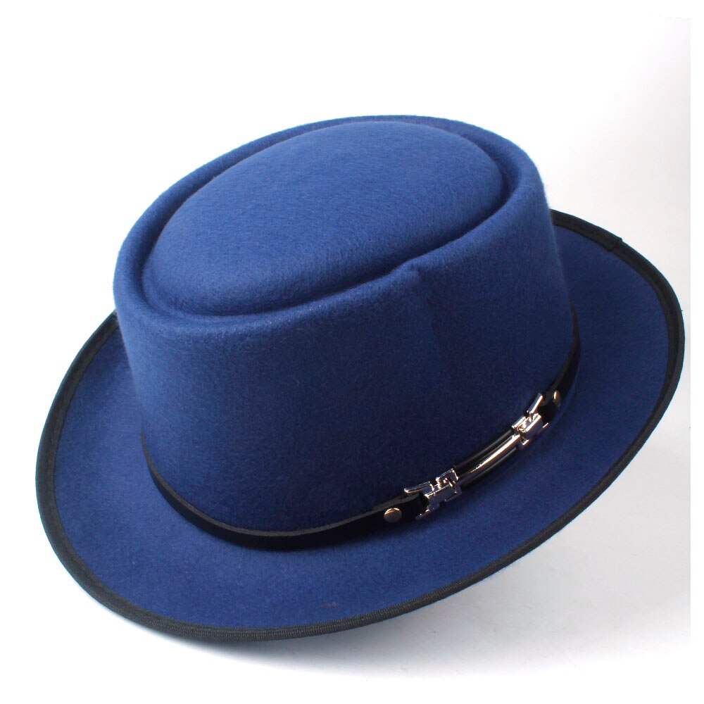 Männer Frauen Wolle Schweinefleisch Kuchen Hütte Mit Leder Gürtel Ich bin Freien Beiläufigen Hütte Panama Kirche Hütte Flache Fedora Jazz Hütte Größe 58CM: Blau