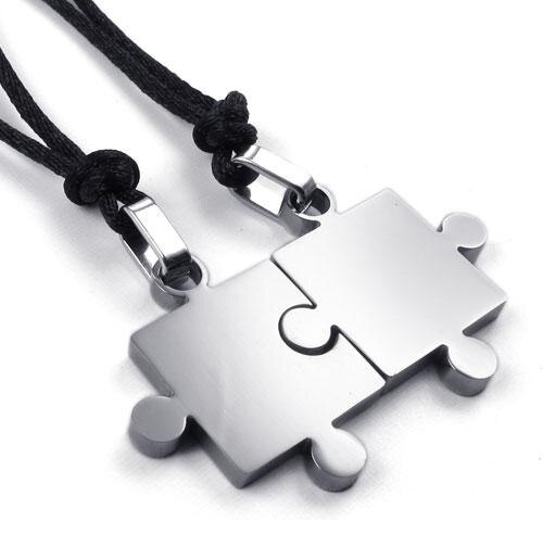 2Pcs Mens Womens Stellen Rvs Puzzel Hanger Liefde Ketting Set, Zwart Zilver: Silver