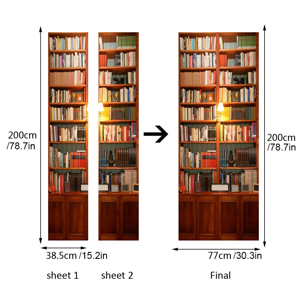 2-Piece/Set Self-Adhesive 3D Bookcase Door Stickers Removable Vinyl Matt Wallpaper Decals Waterproof Non-toxic Home Room Wall