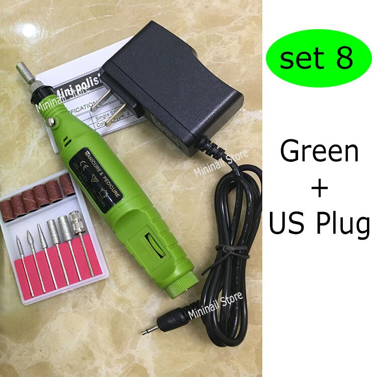 Mini nagelboorset met 6 bits, elektrische boormachines, manicure, stylingtool, pedicure, vijlen, vormgeven, voetverzorgingsproduct: Groen - amerikaanse stekker