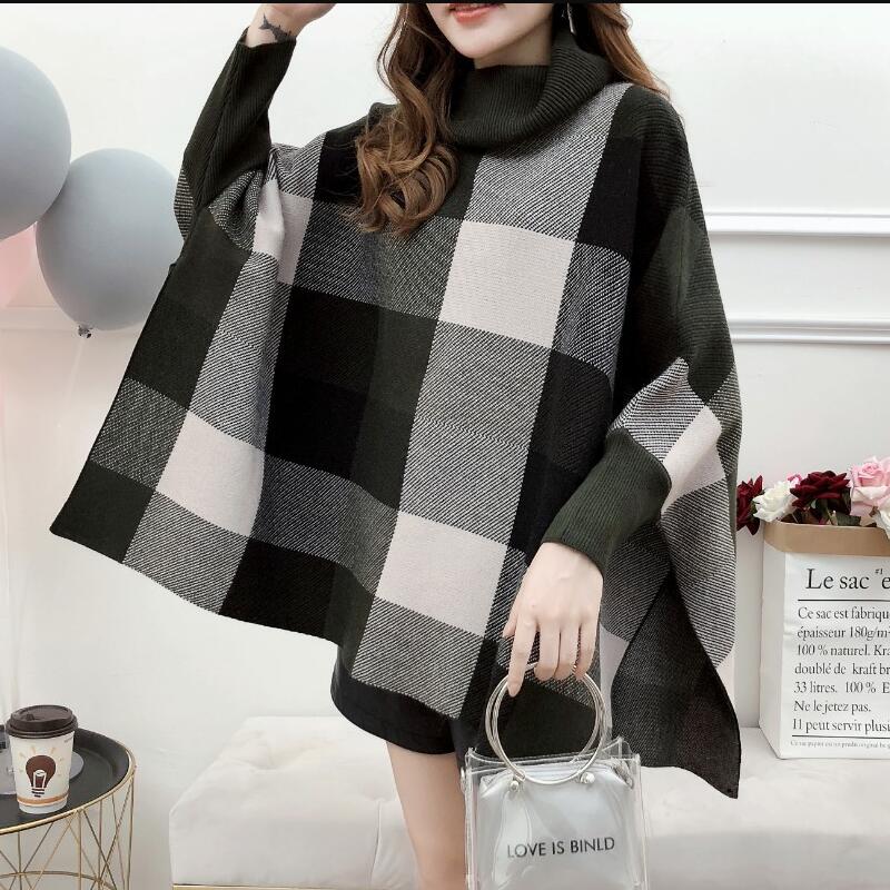 manteau lâche col haut à carreaux châle chandail femme manches chauve-souris chandail