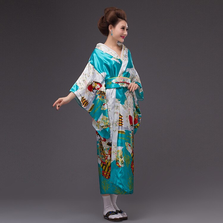 Mujer señora tradición japonesa Yukata traje de kimono japonés Cosplay traje Floral: Light Blue