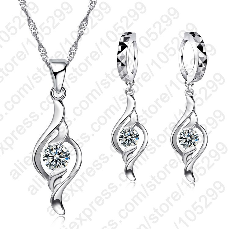Top Fijne 925 Sterling Zilveren Mode Zirconia Ketting Earring Bruiloft Sieraden Set Voor Vrouwen: Default Title