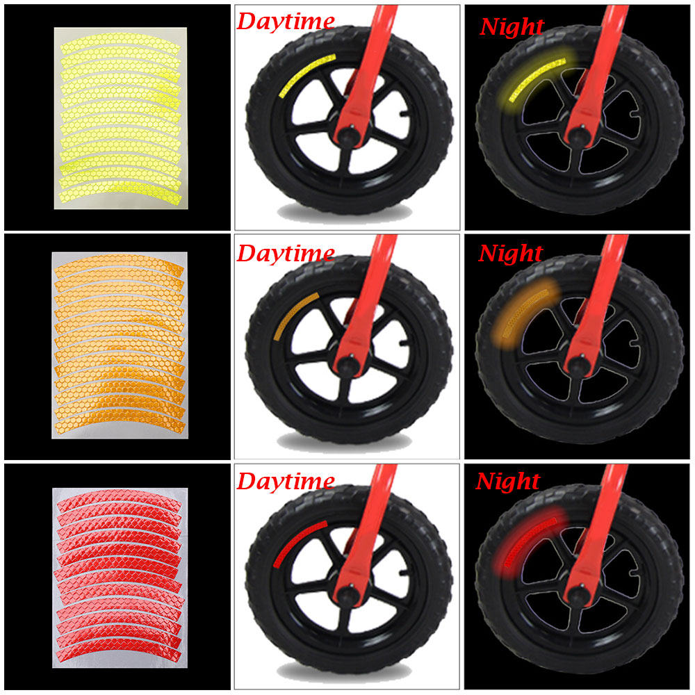 12pcs/sheet Bike Reflective Stickers Wheel Decals Reflective Tape Safety Strips Bicycle Wheel Stickers For Children Balance Bike