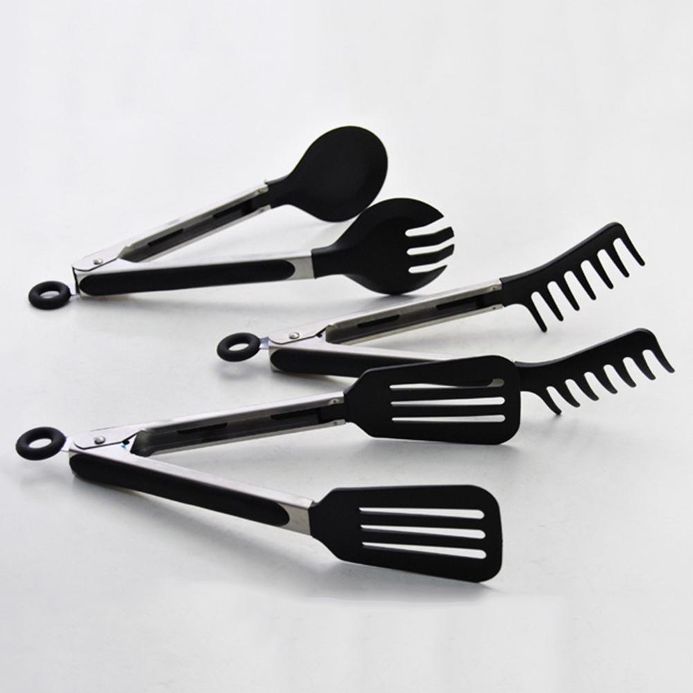4-Piece Silicone Tongs Set – Stainless Steel Handle, Black, Cooking & BBQ Salad Serving