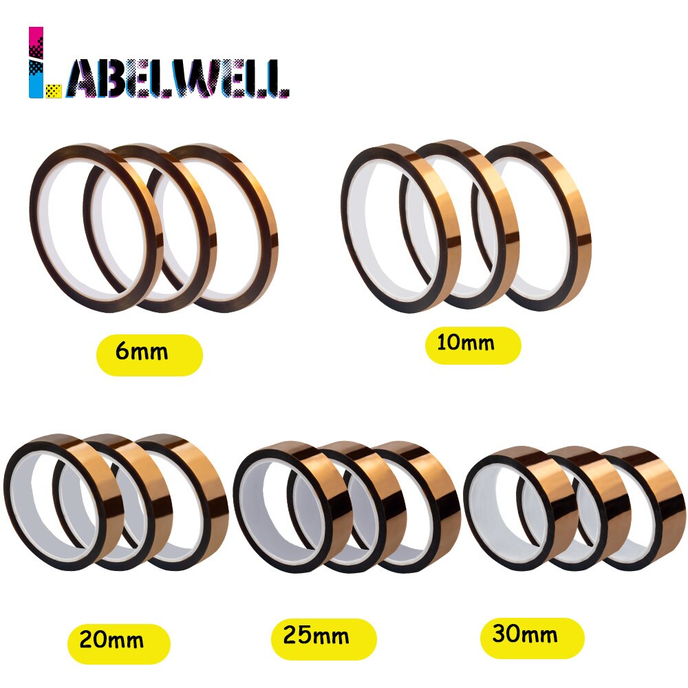 Labelwell 3 uds cinta Kapton 6mm 10mm 20mm 25mm 30mm cinta adhesiva de oro de poliimida para alta temperatura resistente al calor para la industria