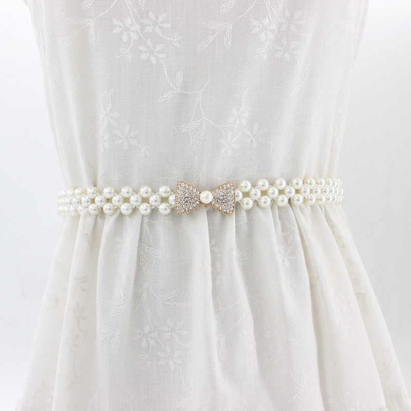 Cinturones molanes de diamantes de imitación para mujer, cinturón de perlas, cinturón de cintura con hebilla elástica, cinturón de cadena de perlas, correa de vestido para niña y mujer, boda: Bow 2