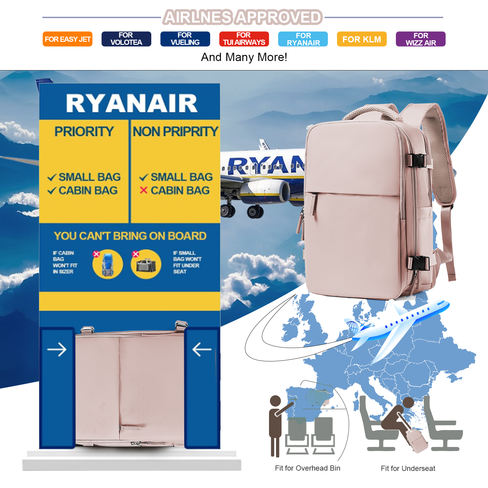 Mochila de viaje para avión de cabina Ryanair 40x20x25 aprobada por vuelo, mochila para ordenador portátil para mujeres y hombres, mochila femenina de
