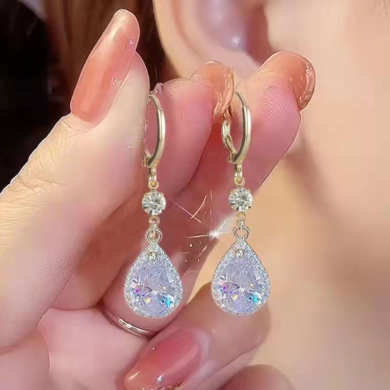Korean Zircon Water Earrings for Women Shiny Crystal Long Pendant Dangle Earring Girls Wedding Party Jewelry