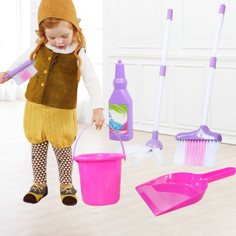 6Pcs Kind Schoonmaken Vegen Play Set Mop Bezem Emmer Borstel Stoffer Kits Kids Pretend Speelgoed