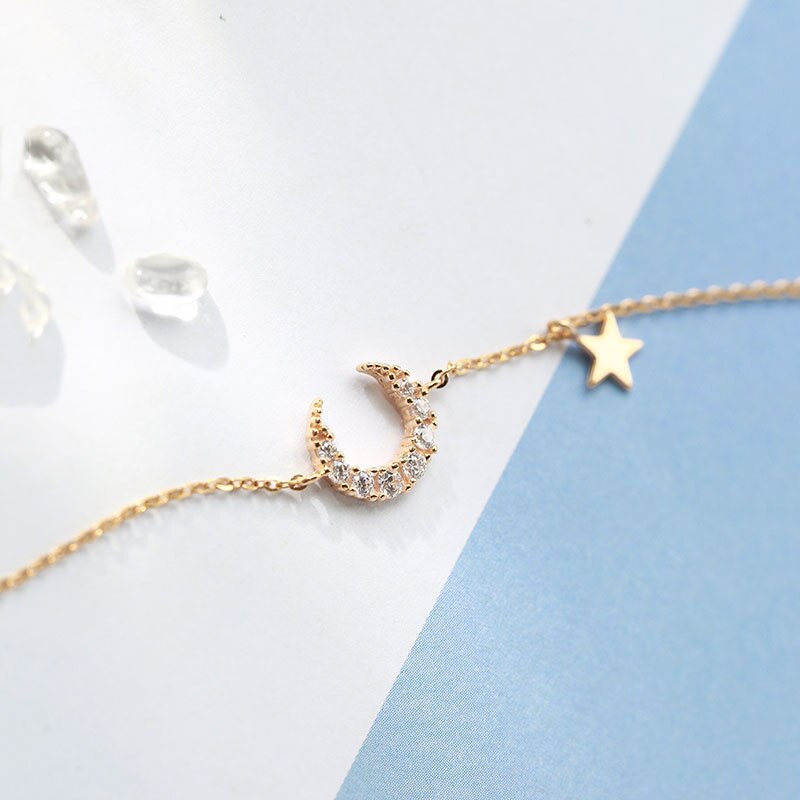 925 Sterling Silver Moon Star Charm Bracelet Dainty Micro Cubic Zircon Pendant Bracelet For Women Jewelry S-B342