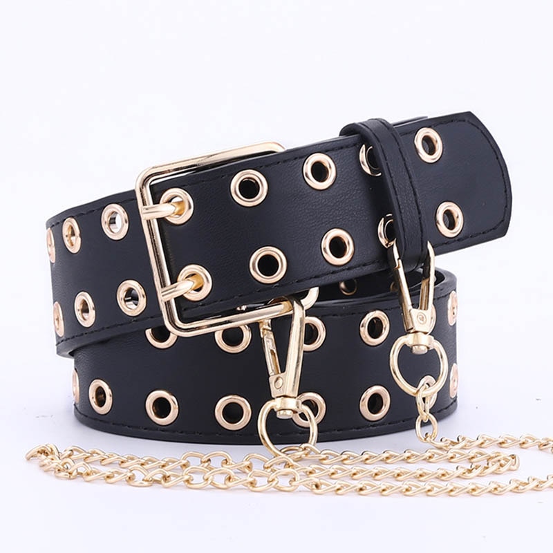 Gold Metal Double Pin Buckle Chain Women Belt PU Leather Punk Luxury Brand Waist Strap Belts for Jeans