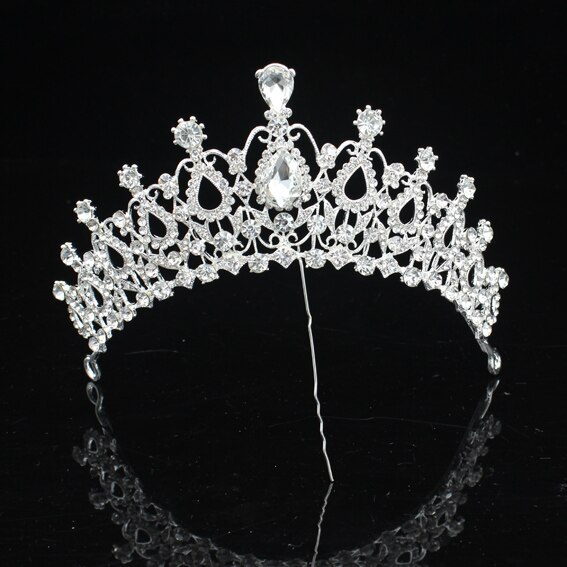 Guldfärgad kristall strass krona och tiara bröllop hårsmycken accessoarer för kvinnor brudtiaror huvudbonad flickor pannband: Imiterad rodiumpläterad