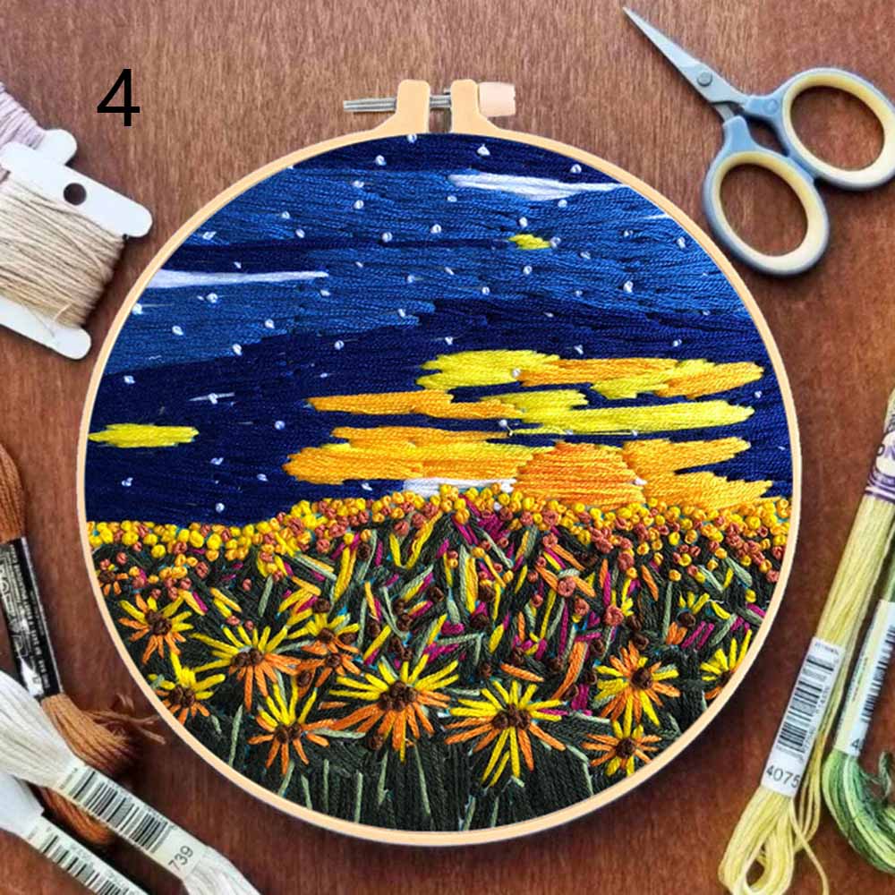 Flower Landscape Cross Stitch Kit DIY Embroidery Ribbon Painting Handwork Needlework for Beginners Home Wall Decoration