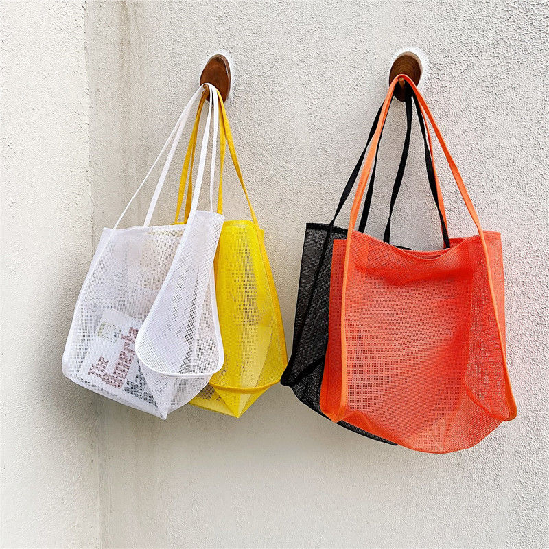 Mode Zomer Vrouwen Mesh Strandtassen Vrouwelijke Grote Schoudertas Shopper Bag Effen Kleur Dames Opvouwbare Casual Tote Oranje Handtassen
