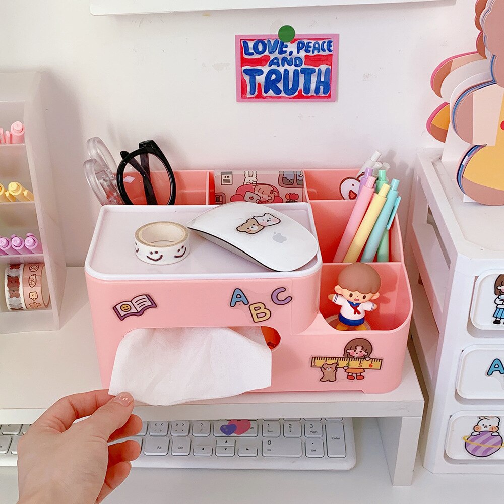 Yisuremia Kawaii Multifunctional Desk Organizer Tissue Storage Box Holder Make-Up Container Office School Stationery Supplies