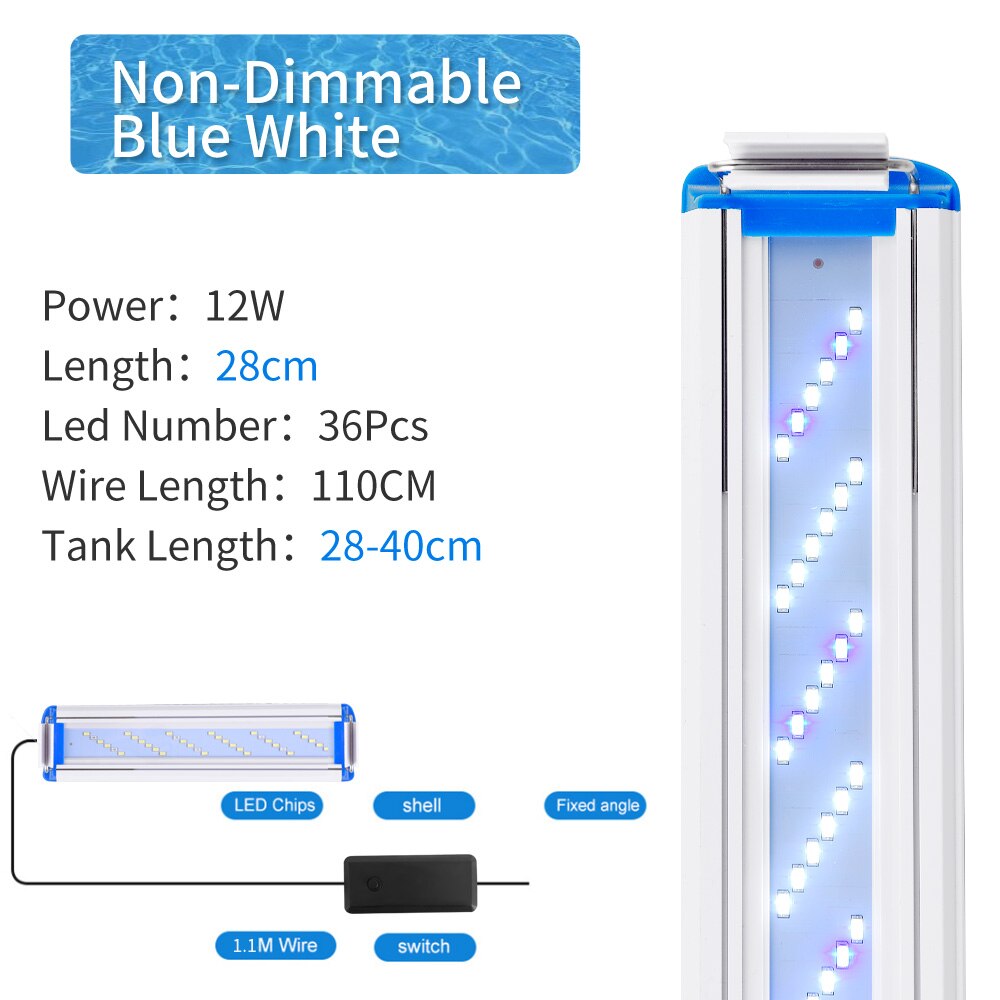 Super Slim LEDs Aquarium Lighting Aquatic Plant Light 18-70CM Extensible Waterproof Clip on Lamp For Fish Tank 220-240V: BlueWhite 28CM