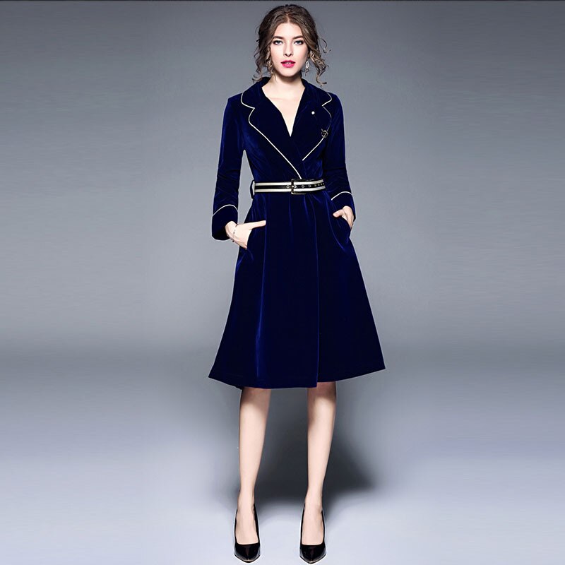 Women Velvet Long Coat Autumn/Winter High-end Office Lady A-Line Solid Belt Turn-down Collar Dress Woolen Coat: XL