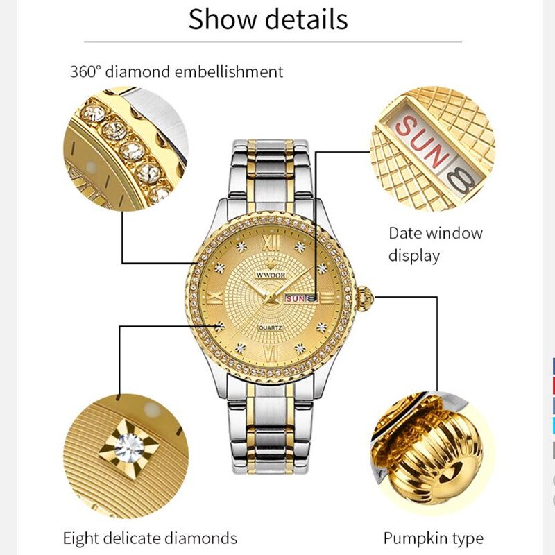 WWOOR, Reloj de pulsera de oro para Mujer, Reloj de Mujer de acero inoxidable resistente al agua, vestido informal, Reloj de cuarzo para Mujer, Reloj de Mujer
