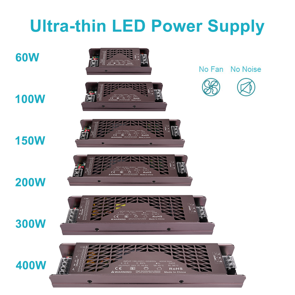 Einstellbare LED-Beleuchtungstransformatoren, ultradünnes Netzteil, 60 W, 100 W, 150 W, 200 W, 300 W, 400 W, LED-Treiber für Streifenlicht, DC12 V, 24 V