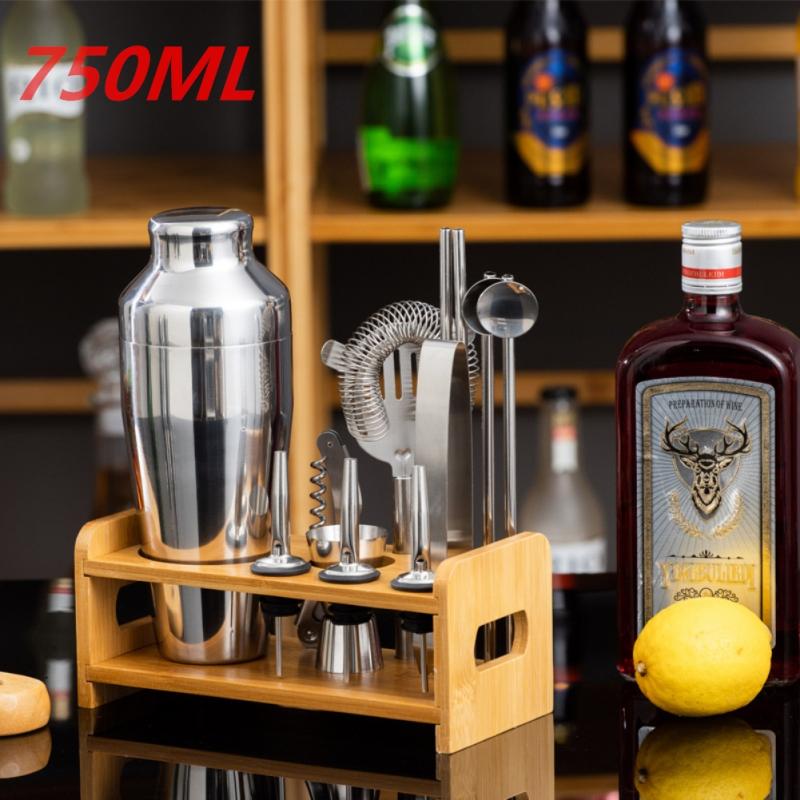 13PC Bartender Set Stainless Steel Bar Cocktail Shaker Set Barware Tools Shaker Sets With Wooden Rack Browser Kit Bars Set Tools: 750ml