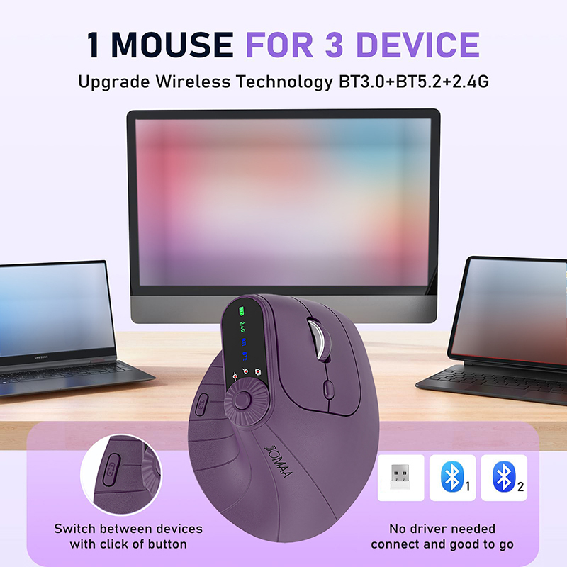 Jomaa BT5.0 Wireless Vertical Mouse With Function Adjustment Knob 8 Buttons Rechargeable Ergonomic Mice for Win/IOS/Android