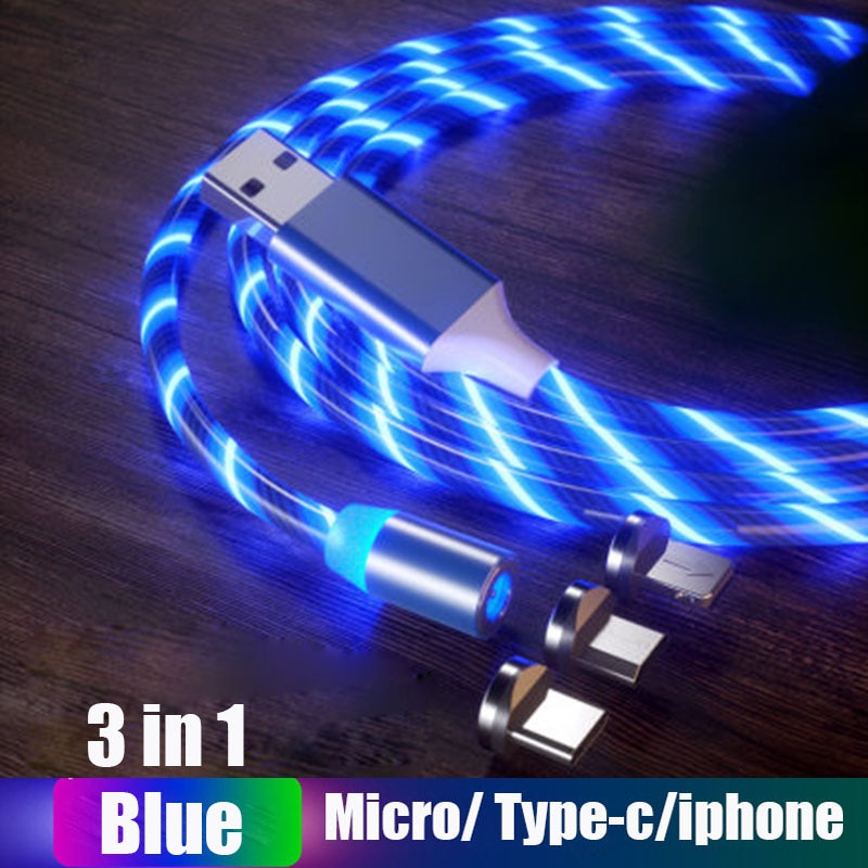 Lasaie Bunte Fließende Licht LED Magnetische Kabel Mikro USB Typ C Kabel Schnelle Ladung Magnetische Ladegerät Kabel für iPhone Xiaomi: Blau 3 in 1 / 2m