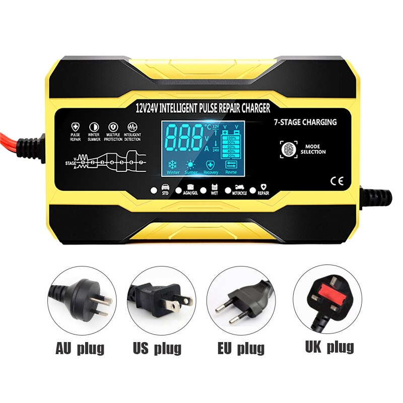 Chargeur intelligent automatique pour batterie de voiture, 12V/10a/24V/5a, avec écran LCD, pour réparation d'impulsions, pour voiture, bateau, SUV